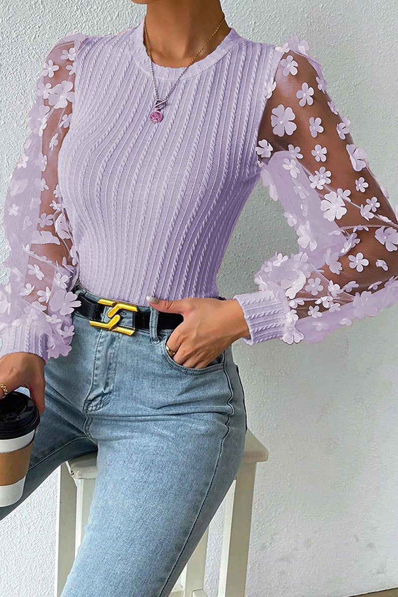 Women Fashion Blouse Mesh Long Sleeves Small Flower