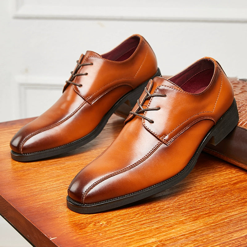 British Style Leather Formal Men's Shoes Pointed-Toe Lace