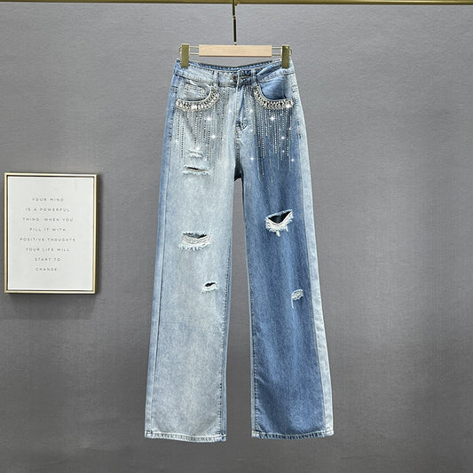 Ripped Wide-Leg Diamond Jeans Female Summer High Waist Loose Slim