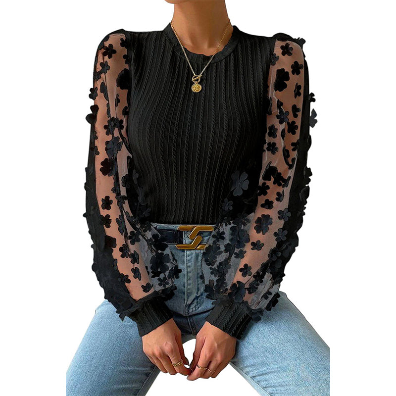 Women Fashion Blouse Mesh Long Sleeves Small Flower