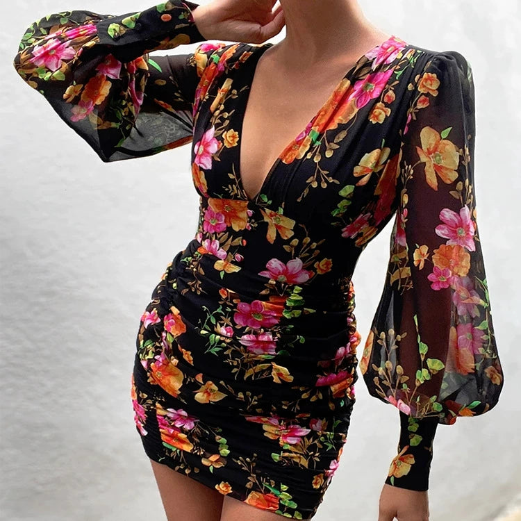 Elegant Lantern Sleeve V Neck Floral Skirt Women's Autumn Dress