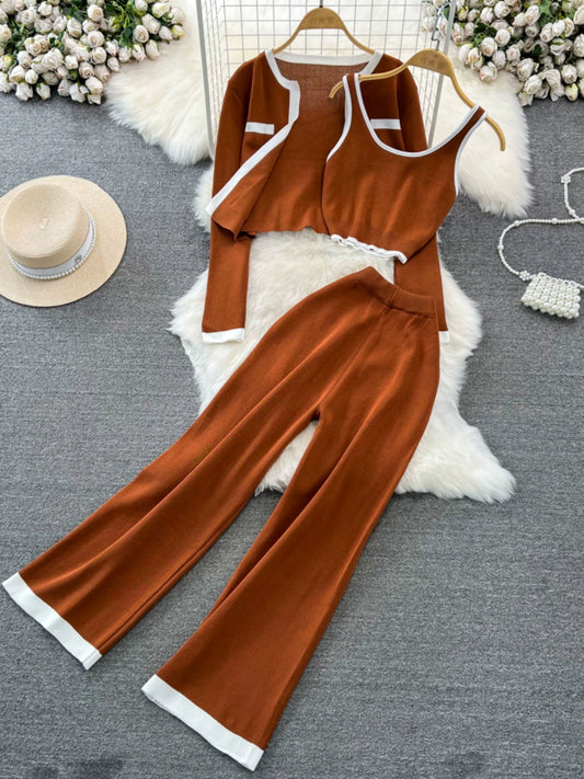Fashion Suit K-style Long Sleeves Knitting Cardigan Vest Loose Pants Three-Piece Set