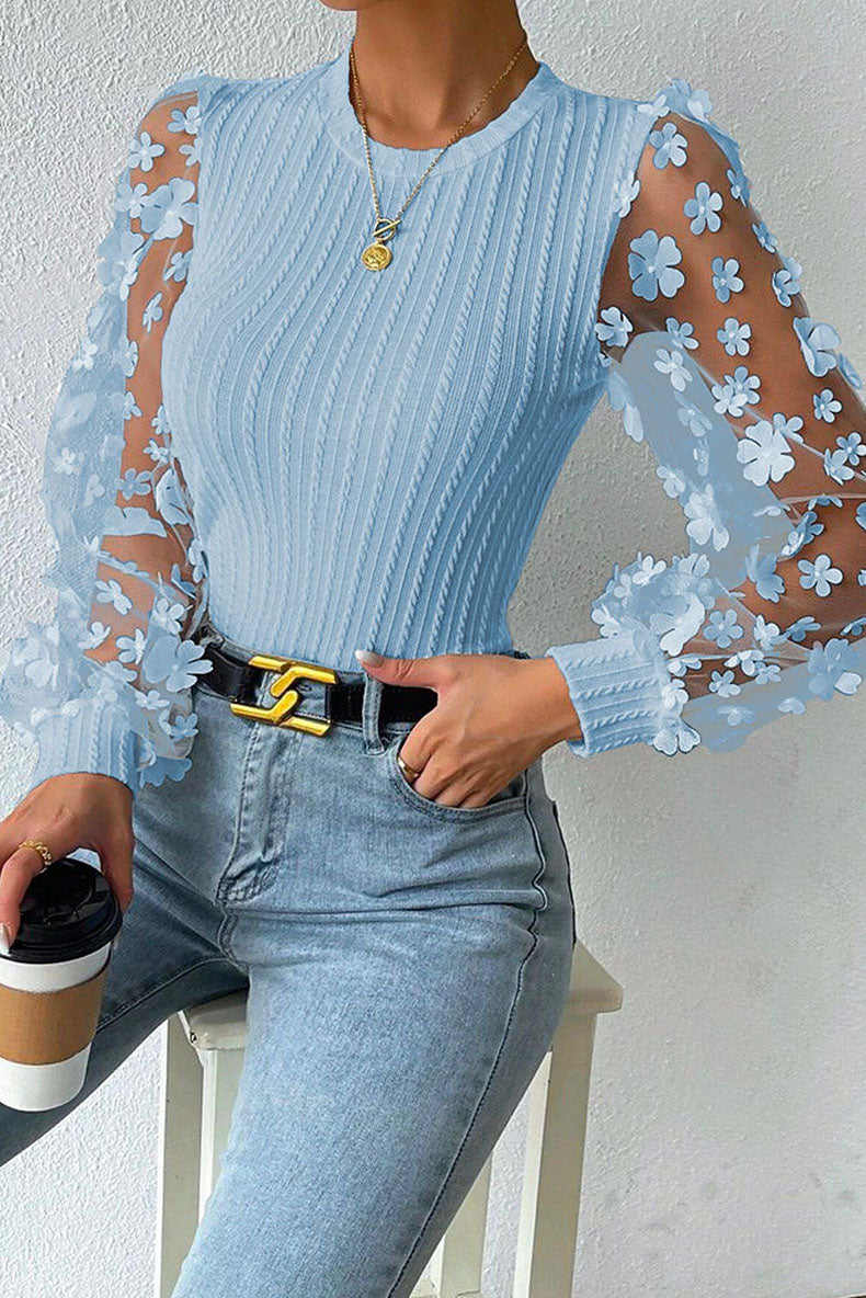 Women Fashion Blouse Mesh Long Sleeves Small Flower