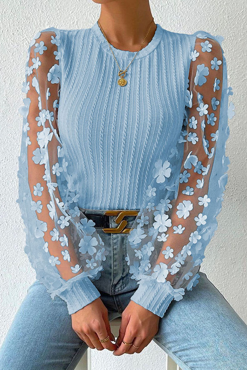 Women Fashion Blouse Mesh Long Sleeves Small Flower