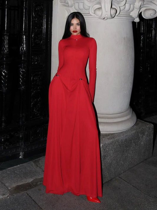 Sexy Half Turtleneck Long-Sleeved Red Dress Tall Elegant Large Long Skirt