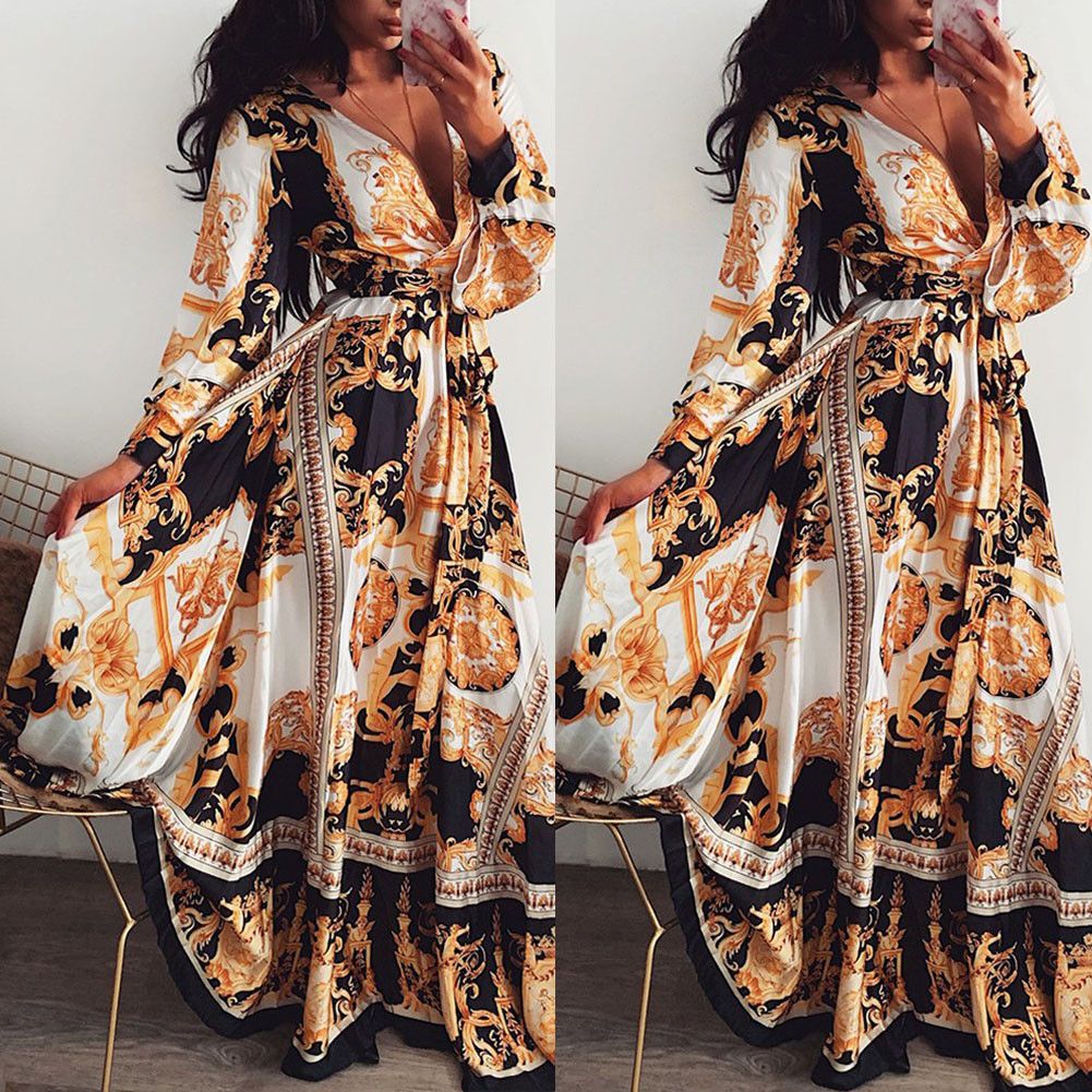 Elegant Print Maxi Dress V-neck Long Sleeve