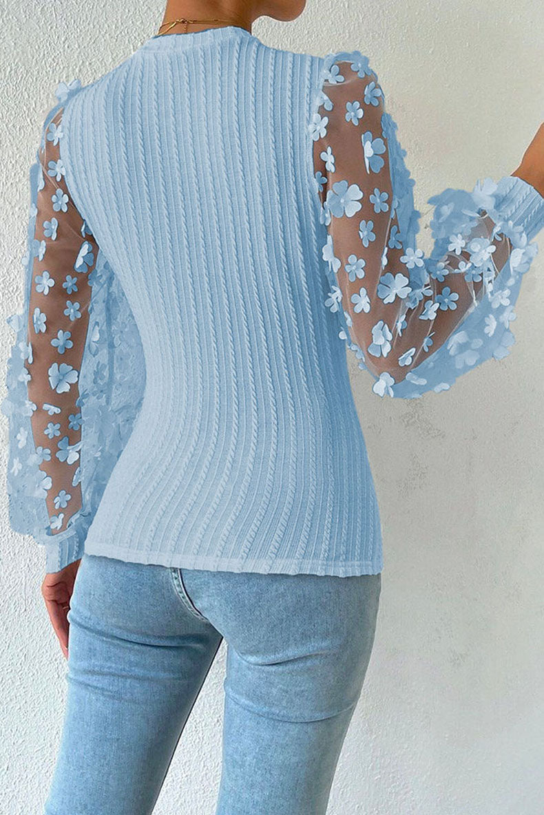 Women Fashion Blouse Mesh Long Sleeves Small Flower