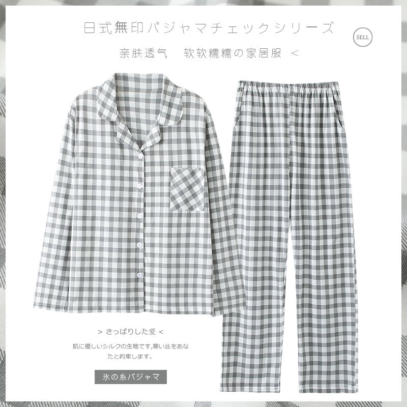 Cotton Couple Pajamas for Men and Women Spring and Autumn Pure Cotton Thin Plaid Long Sleeves Plus Size Outerwear