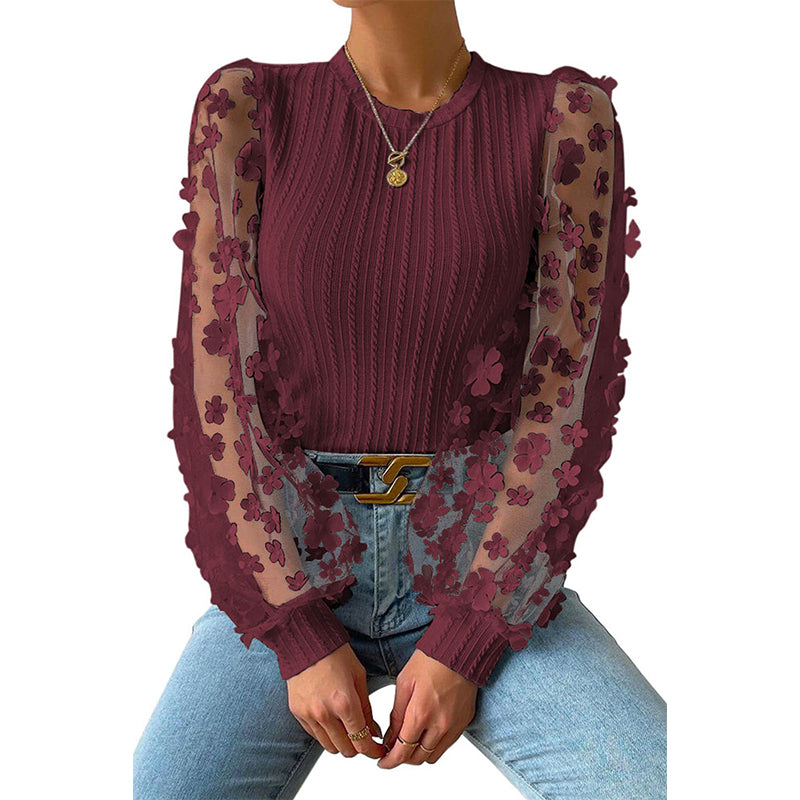 Women Fashion Blouse Mesh Long Sleeves Small Flower