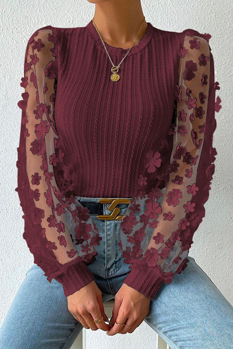 Women Fashion Blouse Mesh Long Sleeves Small Flower