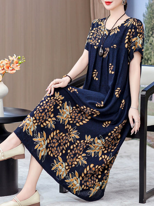 Noble over-the-Knee Middle-Aged Ladieswear Large Swing Noil Poplin Dress
