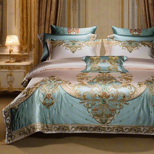 European Luxury Palace Satin Silk Cotton Embroidery Bedding Set 6-10 PCs Set