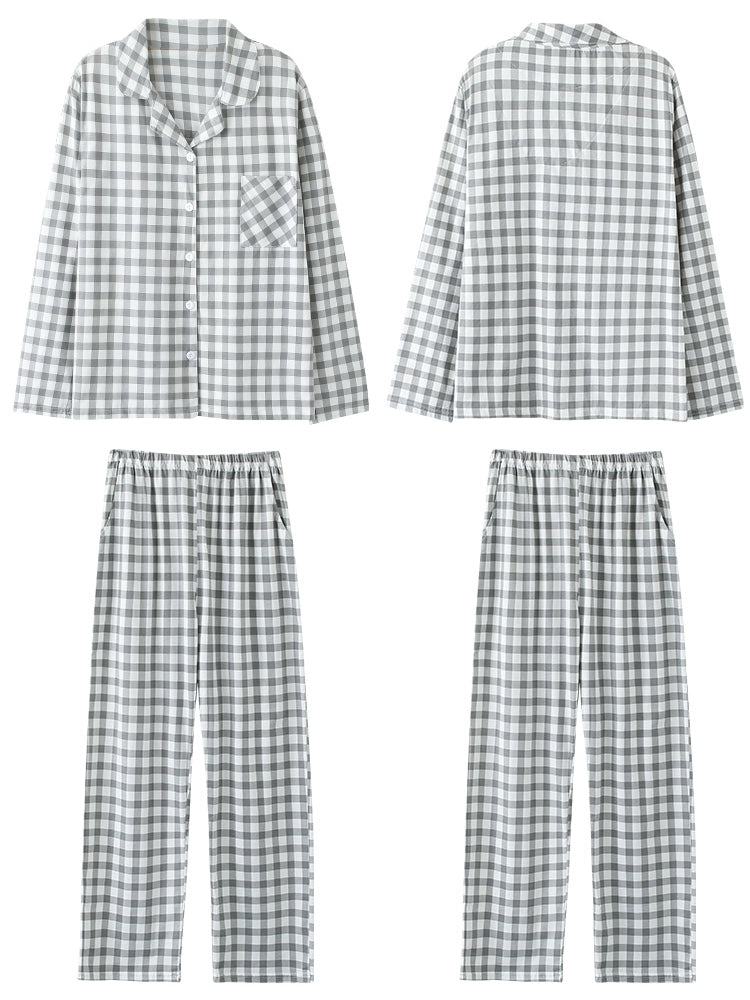 Cotton Couple Pajamas for Men and Women Spring and Autumn Pure Cotton Thin Plaid Long Sleeves Plus Size Outerwear