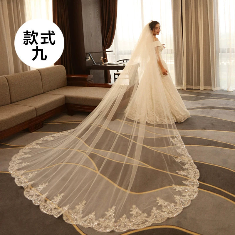 Super Long Tail White Lace Premium Wedding Veil