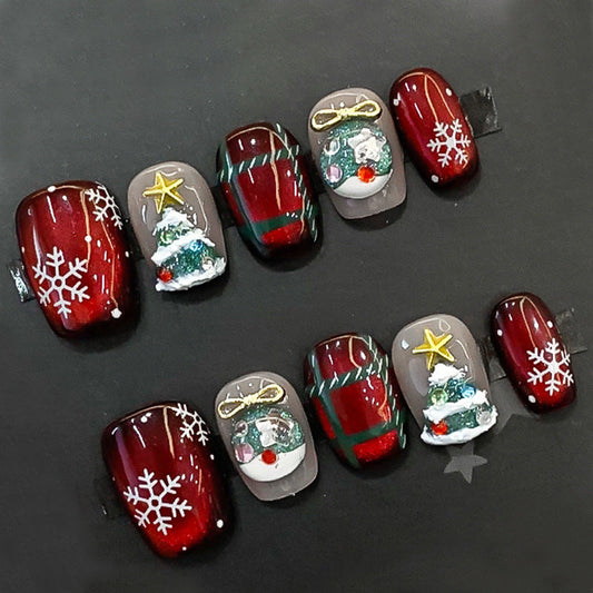 Pure handmade wear nail cute little fresh Christmas manicure Christmas tree short nail removable manicure