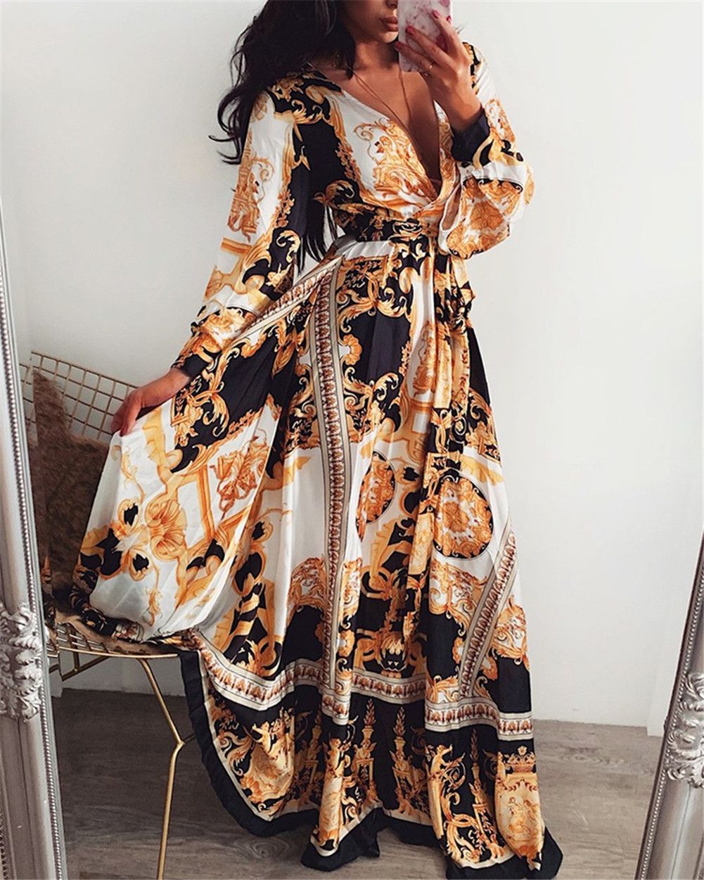Elegant Print Maxi Dress V-neck Long Sleeve