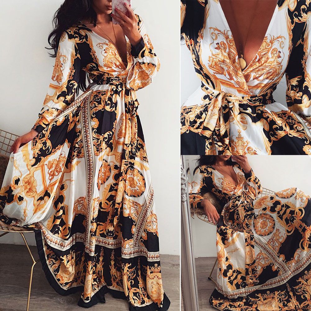 Elegant Print Maxi Dress V-neck Long Sleeve