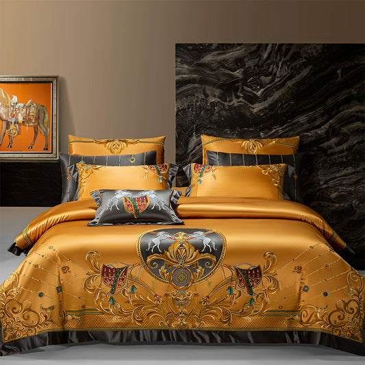European Luxury Pure Cotton Satin Embroidery Bedding Set 4 - 10 Pieces