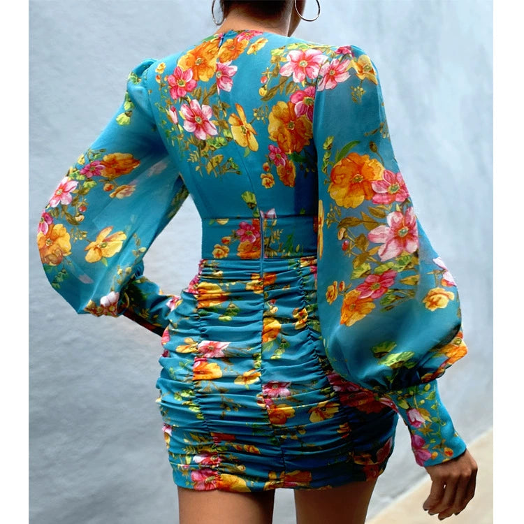 Elegant Lantern Sleeve V Neck Floral Skirt Women's Autumn Dress