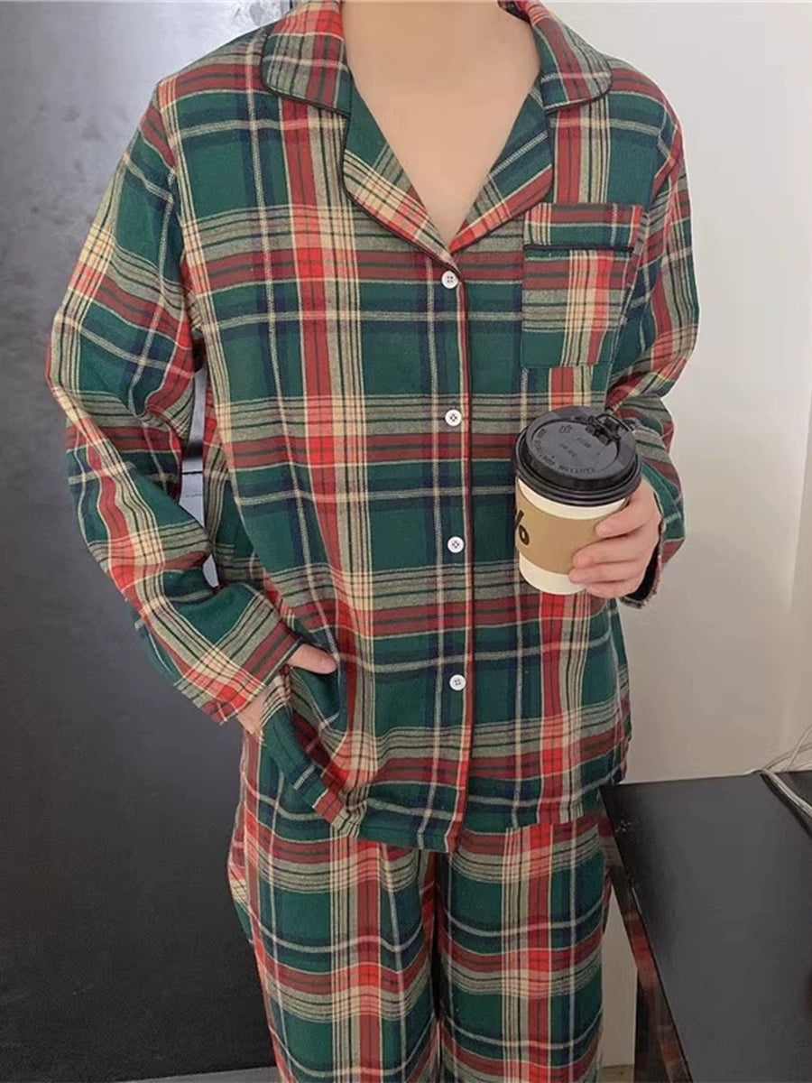 K-style Ins Spring & Fall Winter Christmas Plaid Cotton and Linen Pajamas Long Sleeves Pants Loose