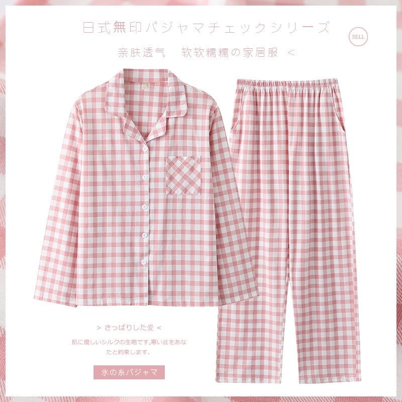 Cotton Couple Pajamas for Men and Women Spring and Autumn Pure Cotton Thin Plaid Long Sleeves Plus Size Outerwear