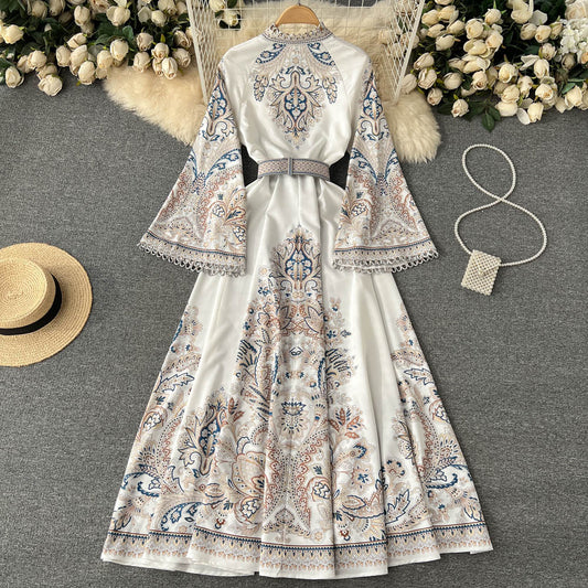 Vintage Print Robe Paisley Maxi Dress Lantern Sleeve