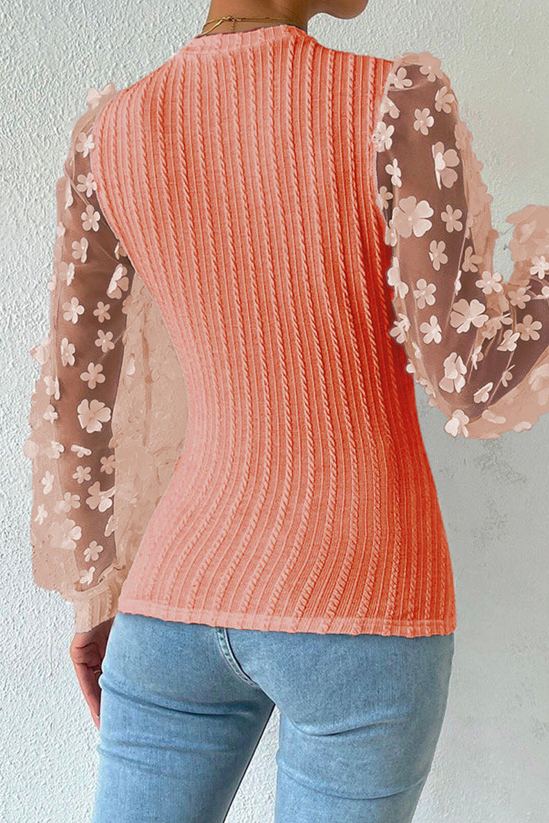 Women Fashion Blouse Mesh Long Sleeves Small Flower