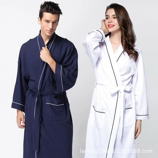 Hotel Bathrobe Men's and Women's Couple Pure Cotton Waffle Bathrobe Soft Long Bathrobe Hot Spring Nightgown with plus Size