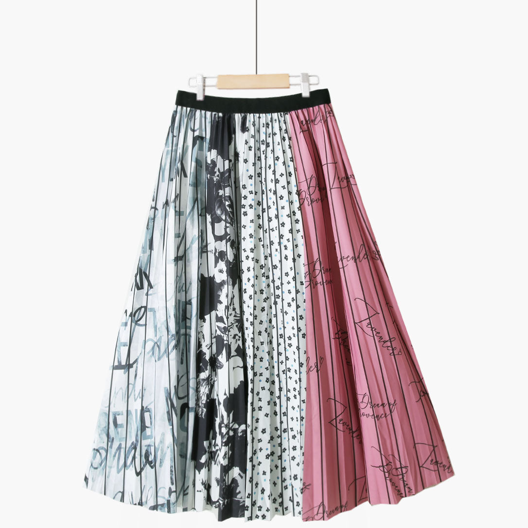 Summer Retro Blue and White Porcelain Printed Mid Length Pleated Skirt