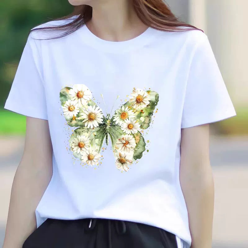 Butterfly Flower Summer Short Sleeve T-shirts Casual Thin Print