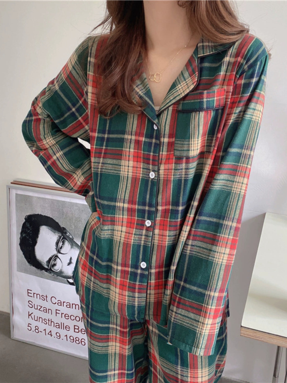 K-style Ins Spring & Fall Winter Christmas Plaid Cotton and Linen Pajamas Long Sleeves Pants Loose