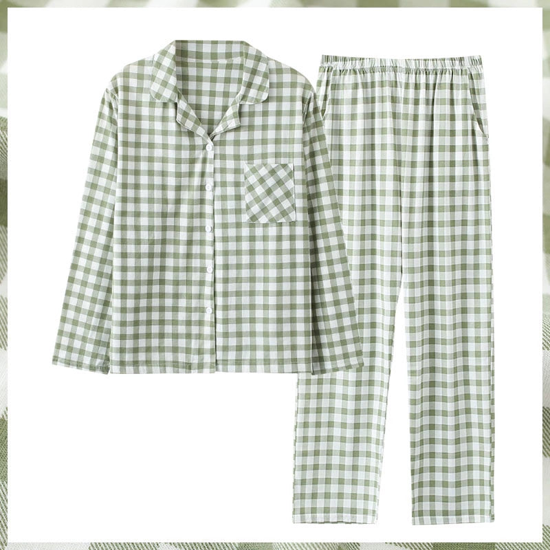 Cotton Couple Pajamas for Men and Women Spring and Autumn Pure Cotton Thin Plaid Long Sleeves Plus Size Outerwear