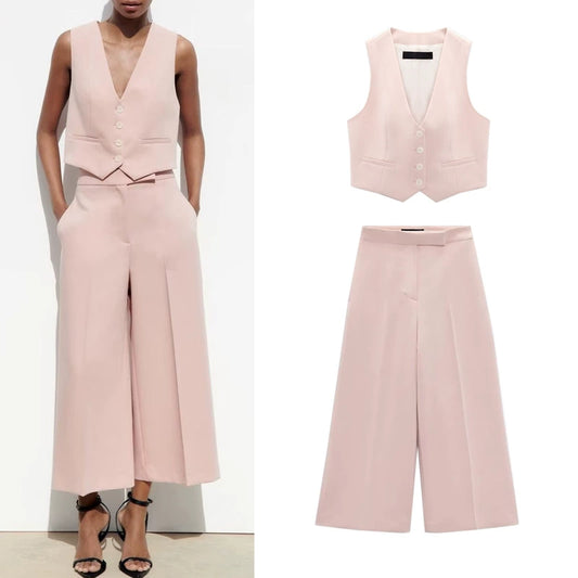 Spring High Waist Loose Pants Pants and Sleeveless V Neck Short Vest