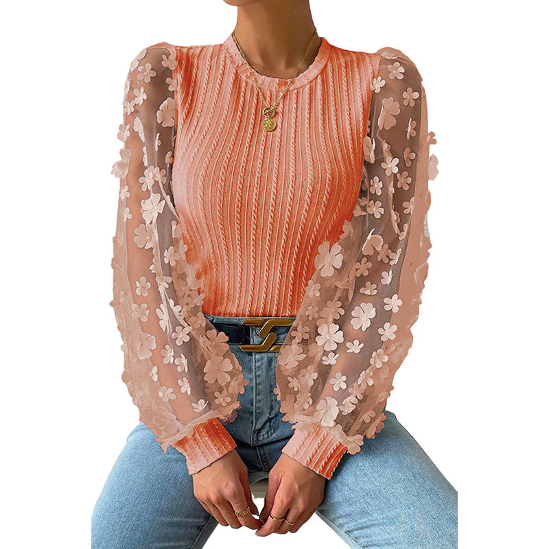Women Fashion Blouse Mesh Long Sleeves Small Flower