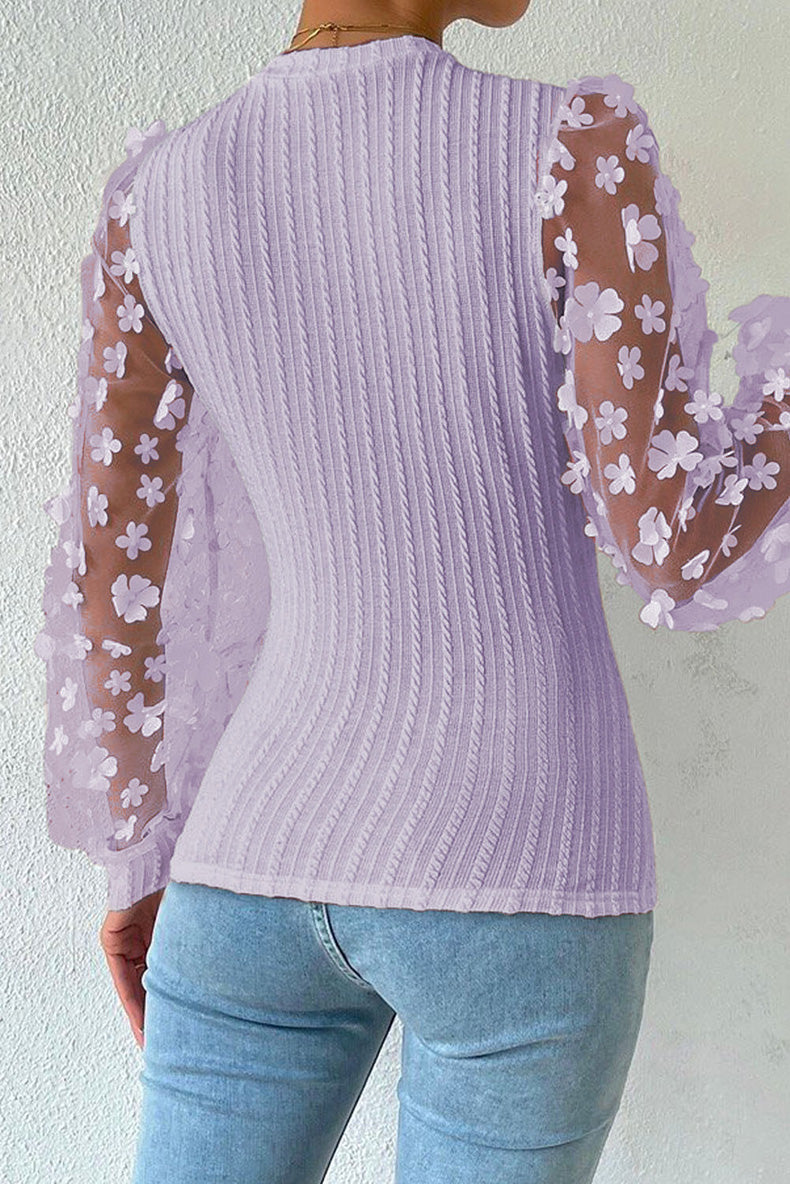 Women Fashion Blouse Mesh Long Sleeves Small Flower