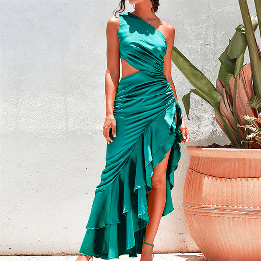 Women's Elegant Slant Shoulder Lotus Leaf Dress One Shoulder