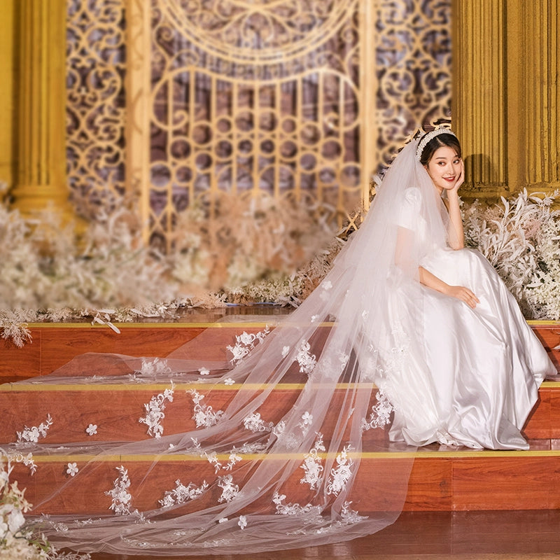 Super Long Tail White Lace Premium Wedding Veil