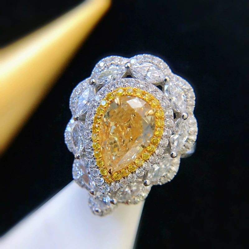 Yellow Diamond Retro Ring Fully-Inlaid Ascut Pear-Shaped