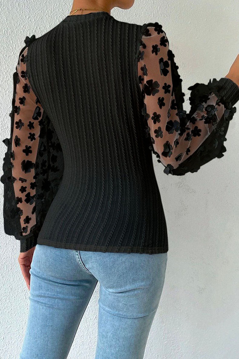 Women Fashion Blouse Mesh Long Sleeves Small Flower