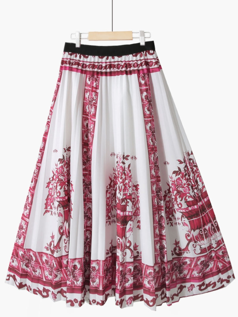 Summer Retro Blue and White Porcelain Printed Mid Length Pleated Skirt