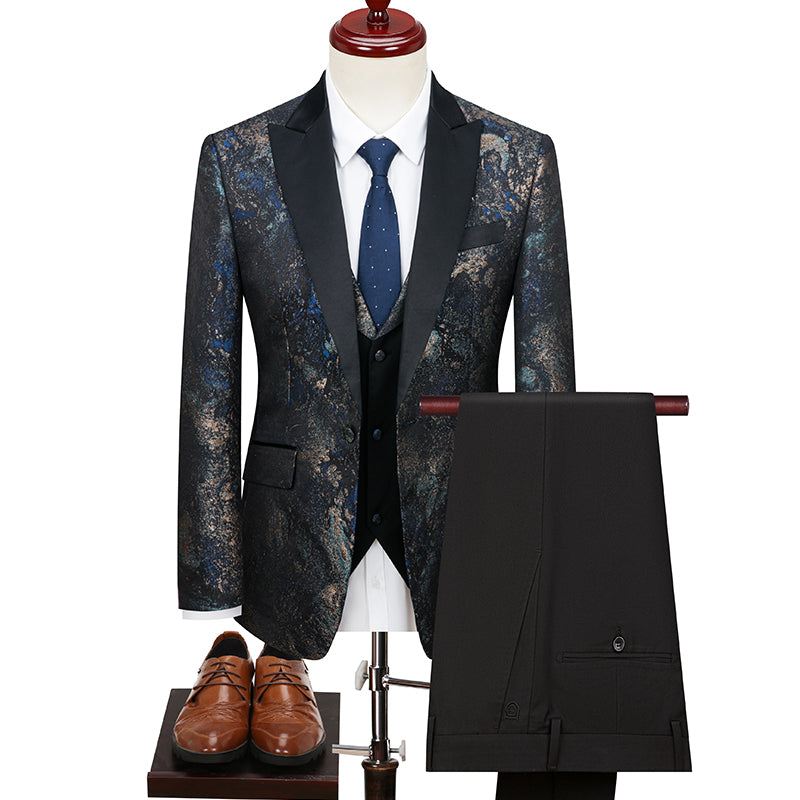 Classy Men's Three-Piece Suit Set Pattern K-style Host Performance Dress Wedding Groom Clothing