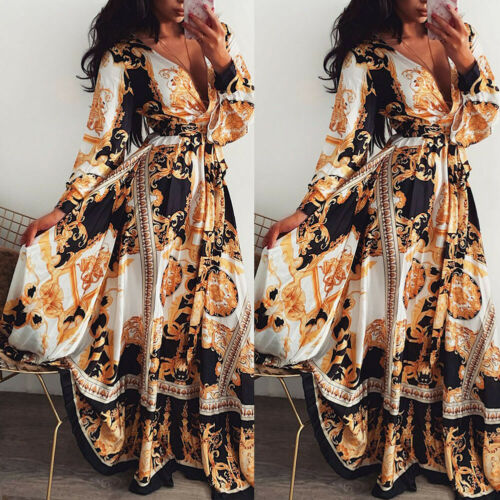 Elegant Print Maxi Dress V-neck Long Sleeve
