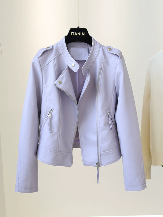 Short Stand-up Collar Slim-Fit Long-Sleeved Motorcycle Leather Coat