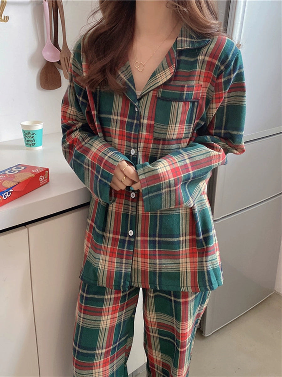 K-style Ins Spring & Fall Winter Christmas Plaid Cotton and Linen Pajamas Long Sleeves Pants Loose