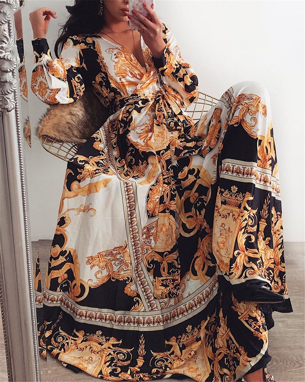 Elegant Print Maxi Dress V-neck Long Sleeve