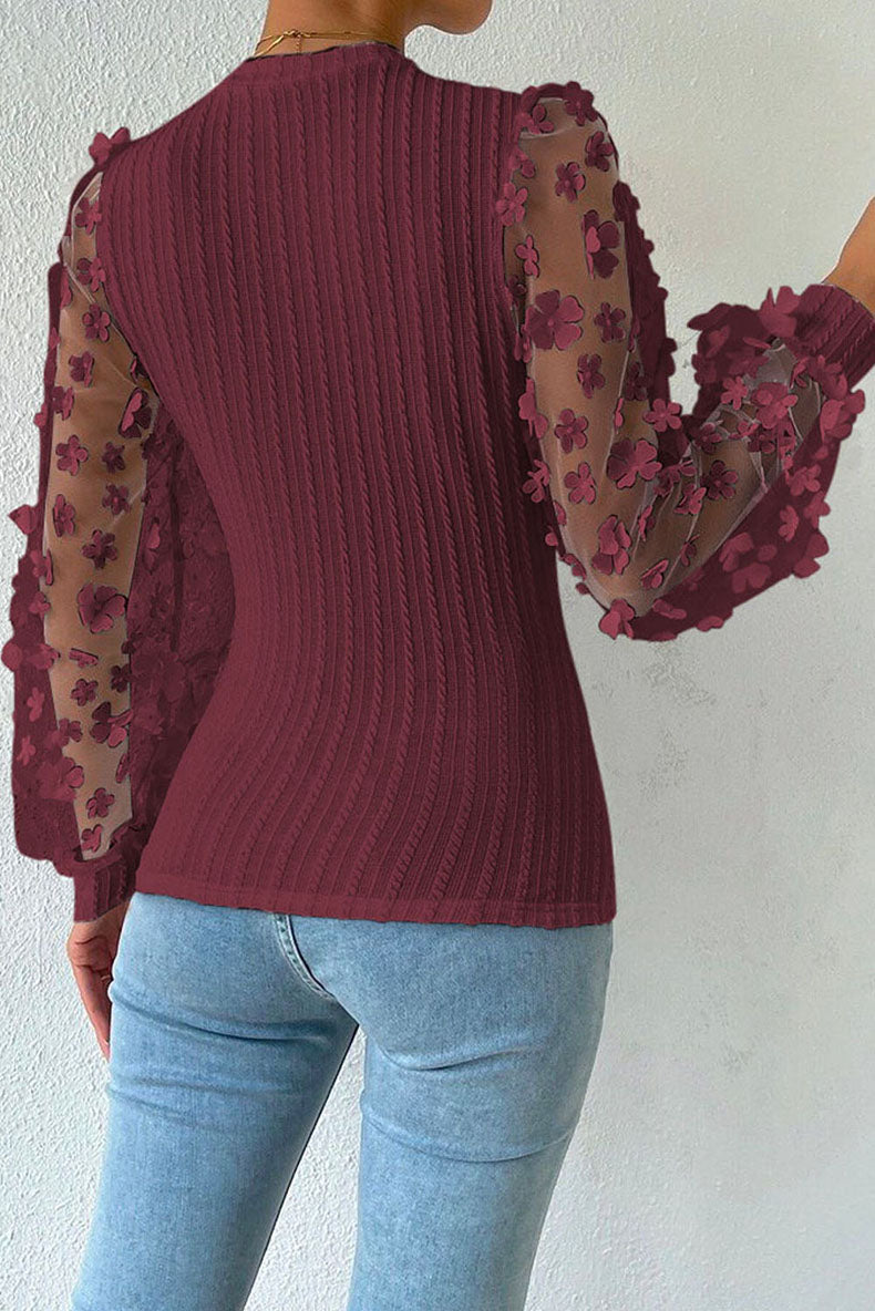 Women Fashion Blouse Mesh Long Sleeves Small Flower