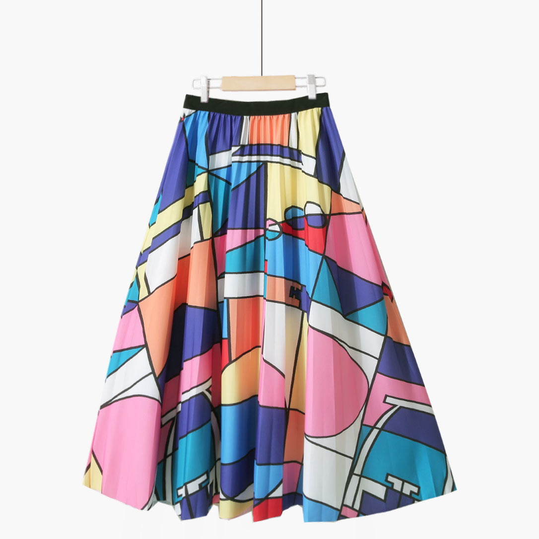 Summer Retro Blue and White Porcelain Printed Mid Length Pleated Skirt