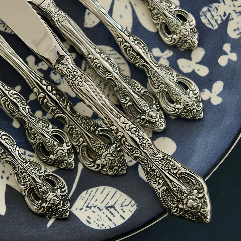 European Style Vintage Engraving 18-10 Stainless Steel Western Food Knife and Fork Tableware Set Full Set Knife, Fork and Spoon Household Three-Piece Set