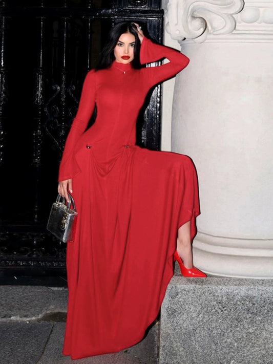 Sexy Half Turtleneck Long-Sleeved Red Dress Tall Elegant Large Long Skirt