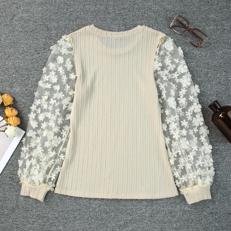 Women Fashion Blouse Mesh Long Sleeves Small Flower